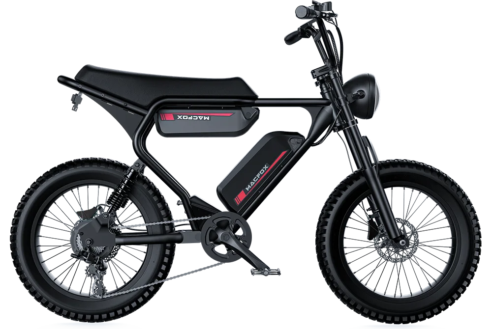 The Macfox X2 is a black retro moped-style eBike with thick tires, a rear hub motor, frame-mounted battery, and classic headlight—available at Tampa Bay eBikes.