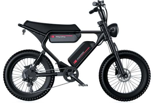 The Macfox X2 is a black retro moped-style eBike with thick tires, a rear hub motor, frame-mounted battery, and classic headlight—available at Tampa Bay eBikes.