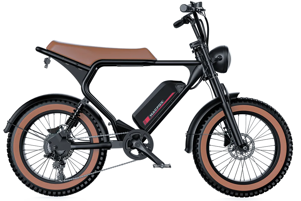 The Macfox - X2 by Macfox is a black all-terrain electric bike featuring a brown seat and tires, front headlight, visible battery pack on the frame, high-torque motor, and rear suspension.