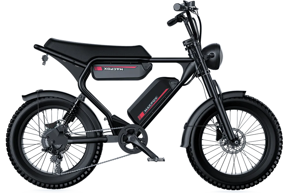 The Macfox - X2 from Macfox is an all-terrain electric bike with thick tires, a high-torque motor, a front headlight, and a visible frame-mounted battery, all highlighted in its sleek side profile design.
