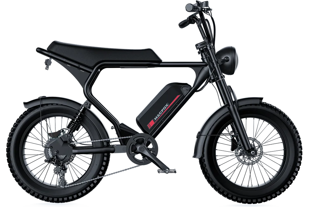 The Macfox X2 by Macfox is a black all-terrain electric bike with a sturdy frame, thick tires, high-torque motor, front and rear suspension, frame-mounted battery pack, and retro-style headlight.