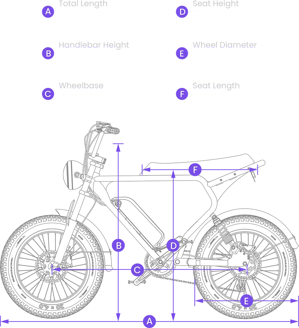 Technical diagram displaying labeled sections A-F of the Macfox - X2, a retro moped-style eBike by Macfox, with dimensions marked by arrows and lines—a detailed reference for electric bike enthusiasts.