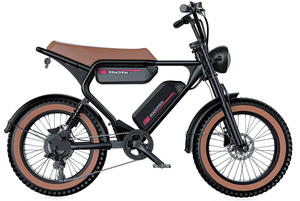 Side view of the Macfox X2 all-terrain electric bike by Macfox, in black with tan seat and tires, headlight, thick frame, visible battery below seat, and high-torque motor for outstanding performance.