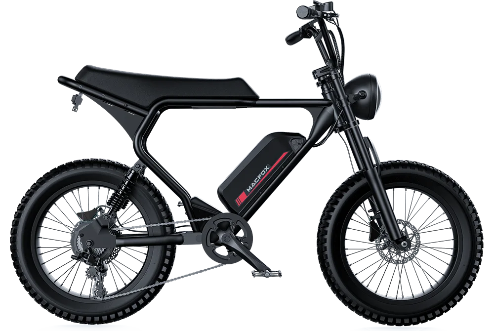 A black retro moped-style eBike with thick rugged tires, a central battery pack, and a minimalist frame is shown in profile view—this Macfox X2 is available at Tampa Bay eBikes.