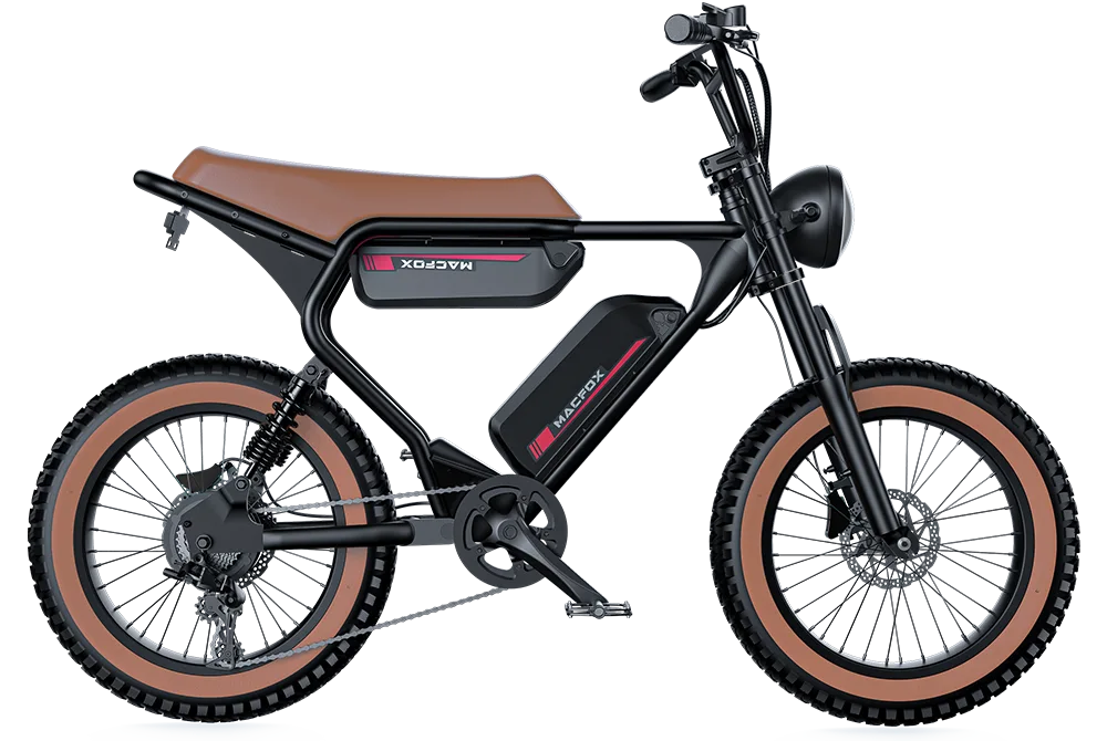 Side view of a black Macfox X2 by Macfox, a retro moped-style eBike featuring a tan seat and tires, pedal assist, headlight, and a frame-mounted battery.