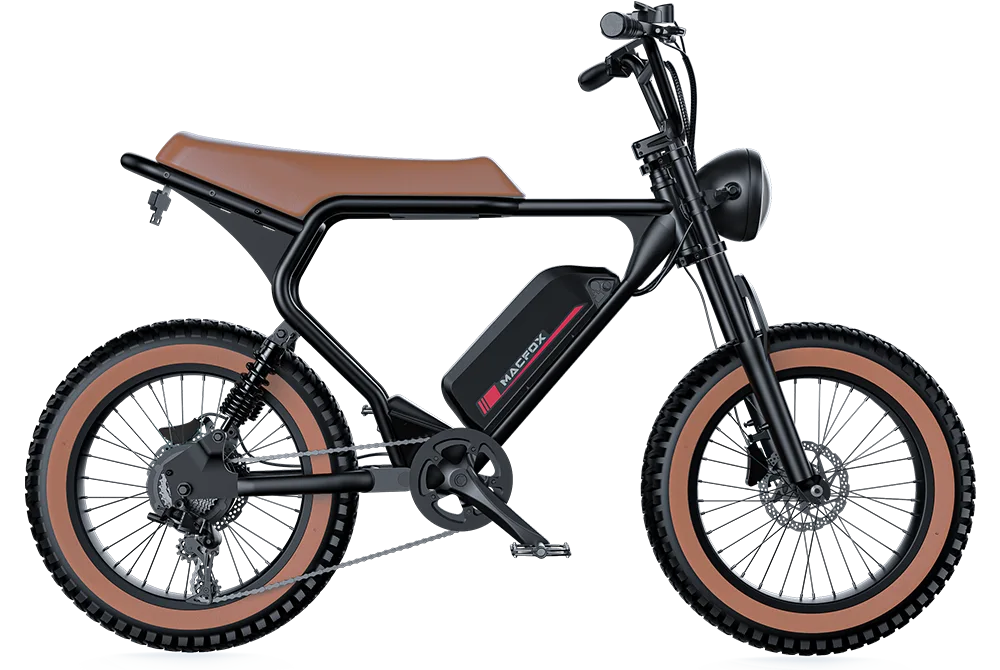 The Macfox X2 is a retro moped-style eBike with a black frame, tan seat and tires, headlight, central battery pack, and front/rear suspension—available at Tampa Bay eBikes.