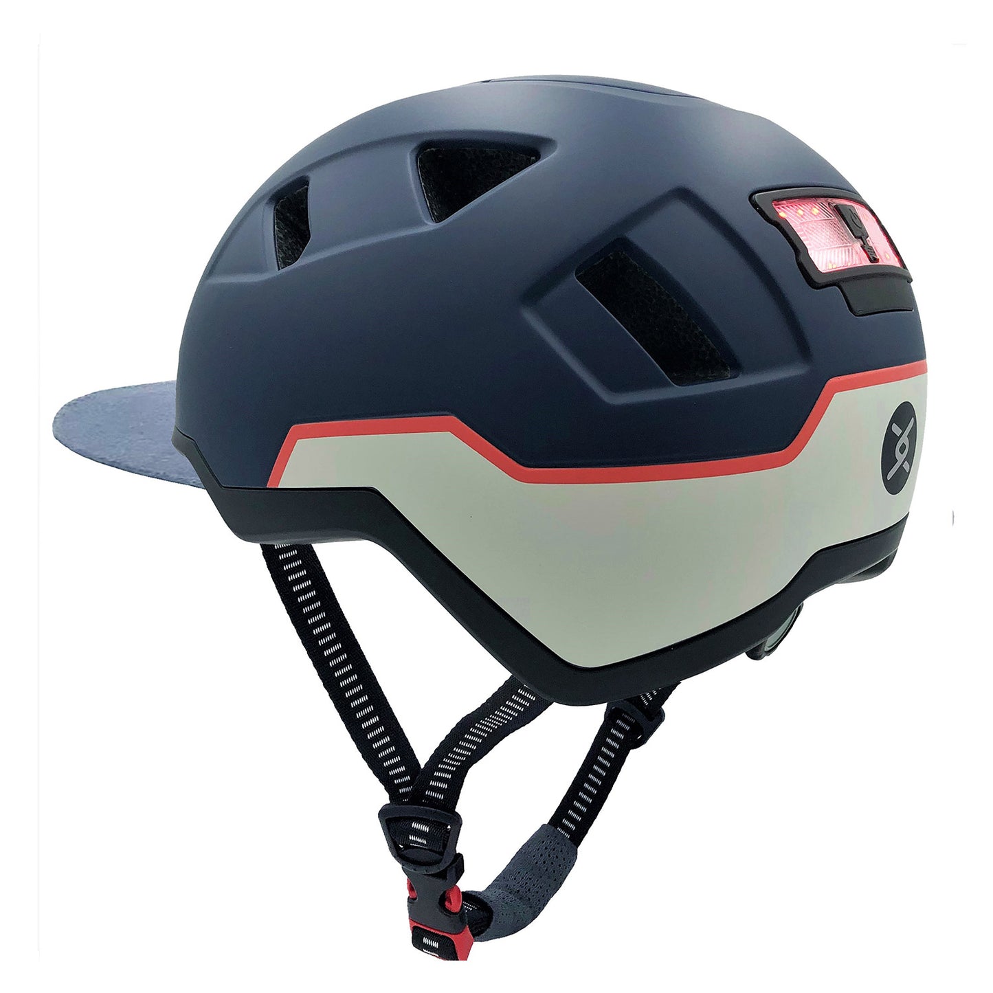 The XNITO Helmet XNITO - Old School - in dark navy and gray features a red stripe, adjustable chin strap, multiple vents, LED lights, and meets top safety standards for a safe ride.