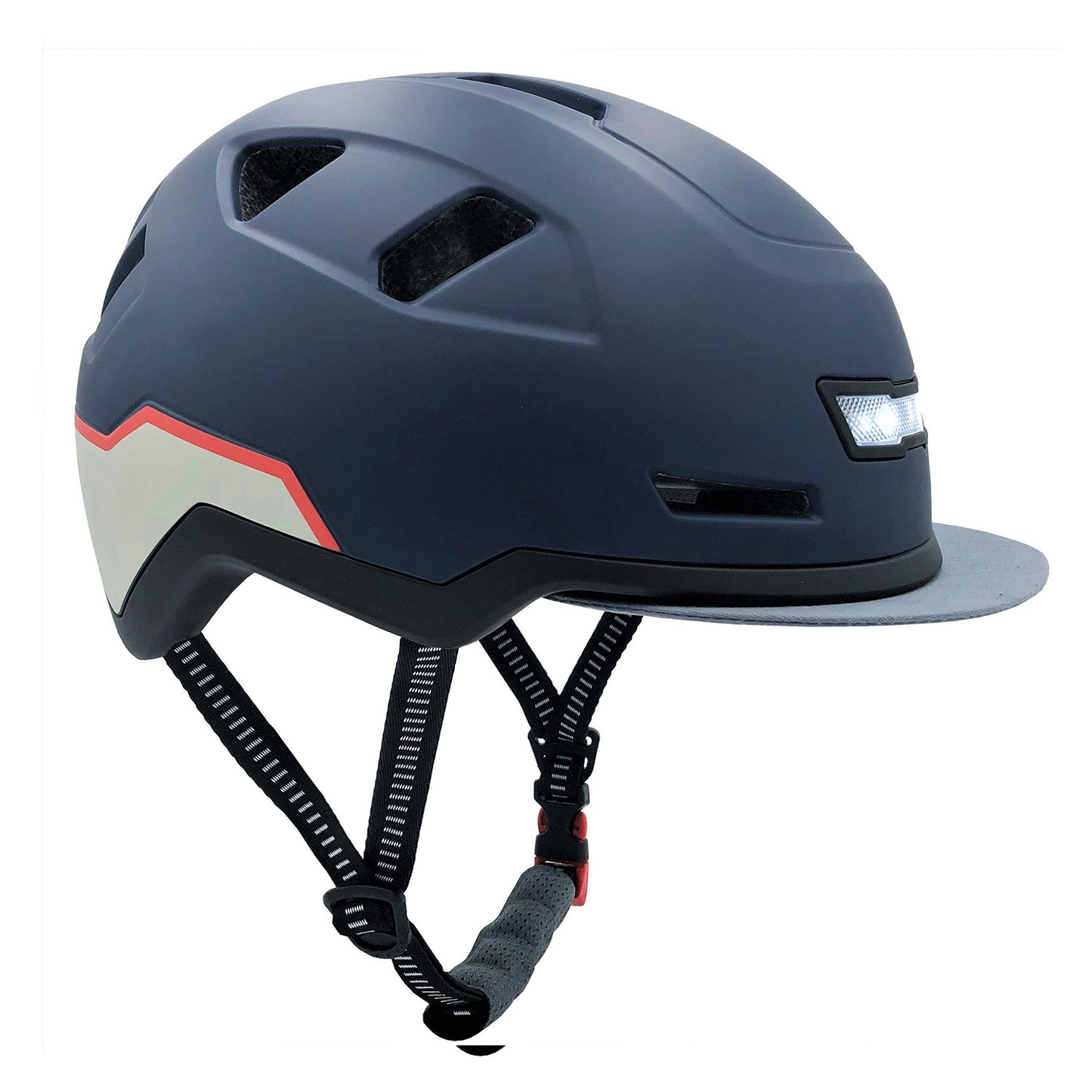 The Helmet XNITO - Old School by XNITO is a dark blue e-bike helmet with a visor, ventilation holes, and a red and white zigzag design. It includes LED lights for added visibility, a black adjustable chin strap, and meets top safety standards for all your cycling adventures.