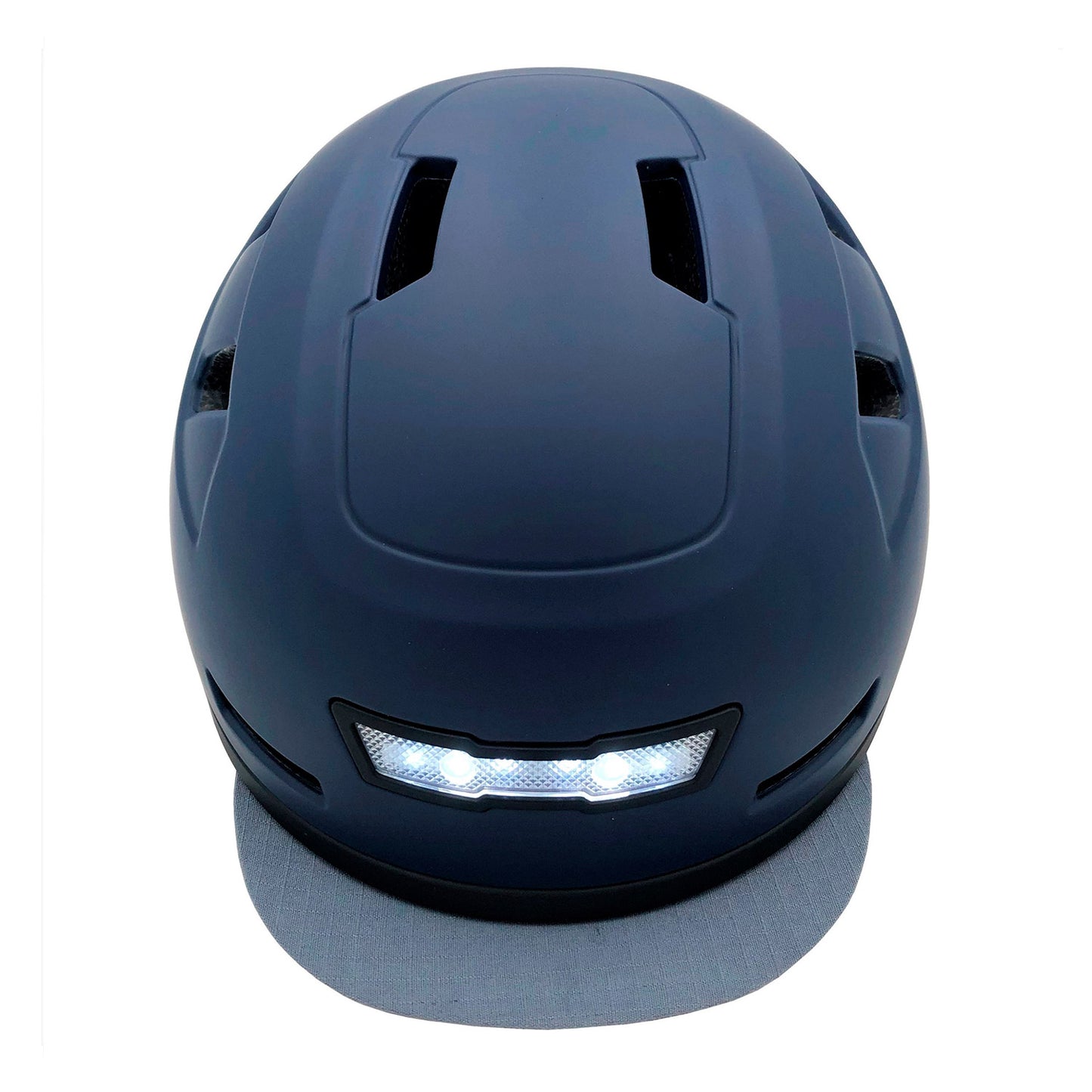 The XNITO Helmet XNITO - Old School - is a dark blue e-bike helmet with front LED lights and ventilation slots, featuring a gray visor and meeting top safety standards.
