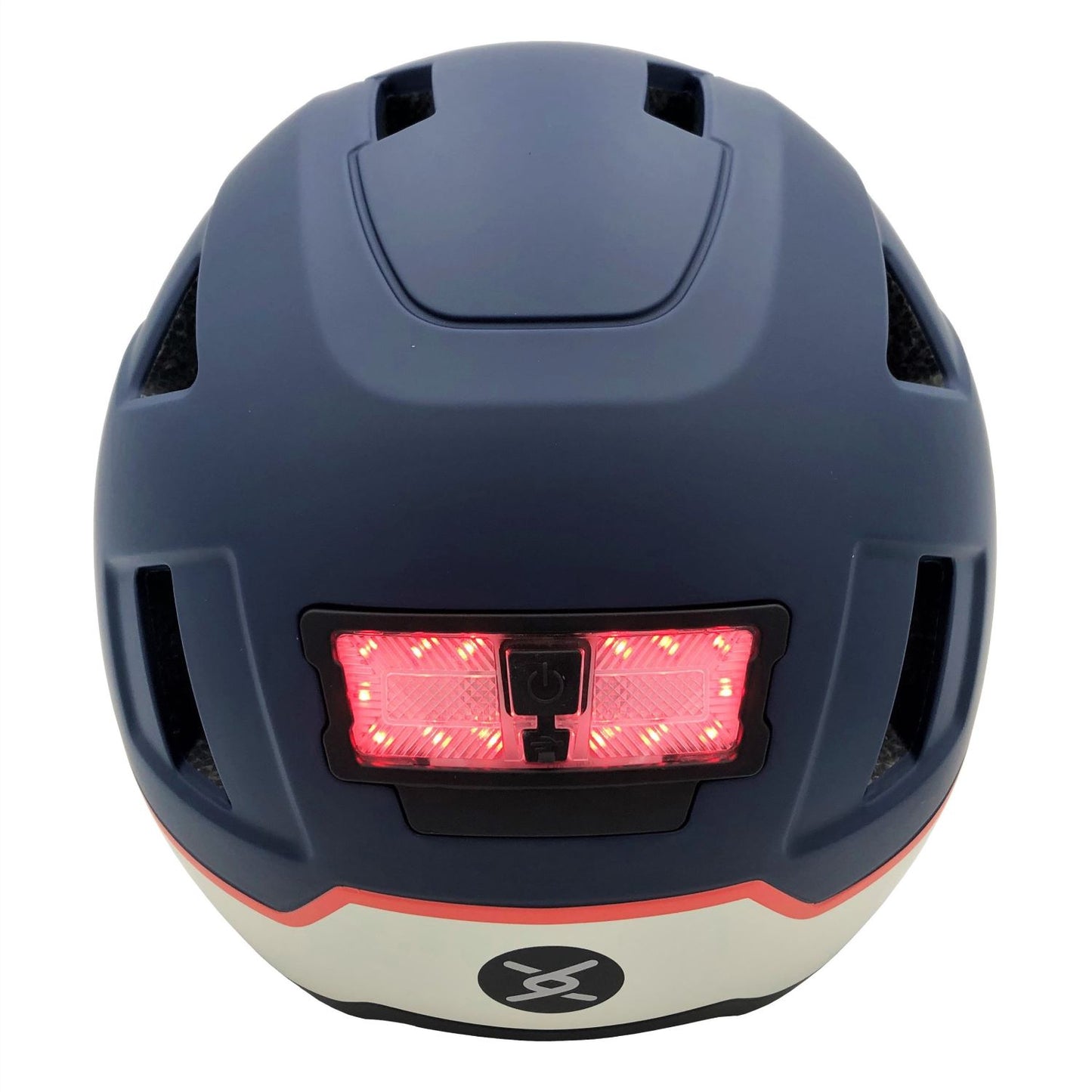 The XNITO Helmet XNITO - Old School - is a dark blue e-bike helmet with a red rectangular LED light at the back, designed to meet top safety standards.