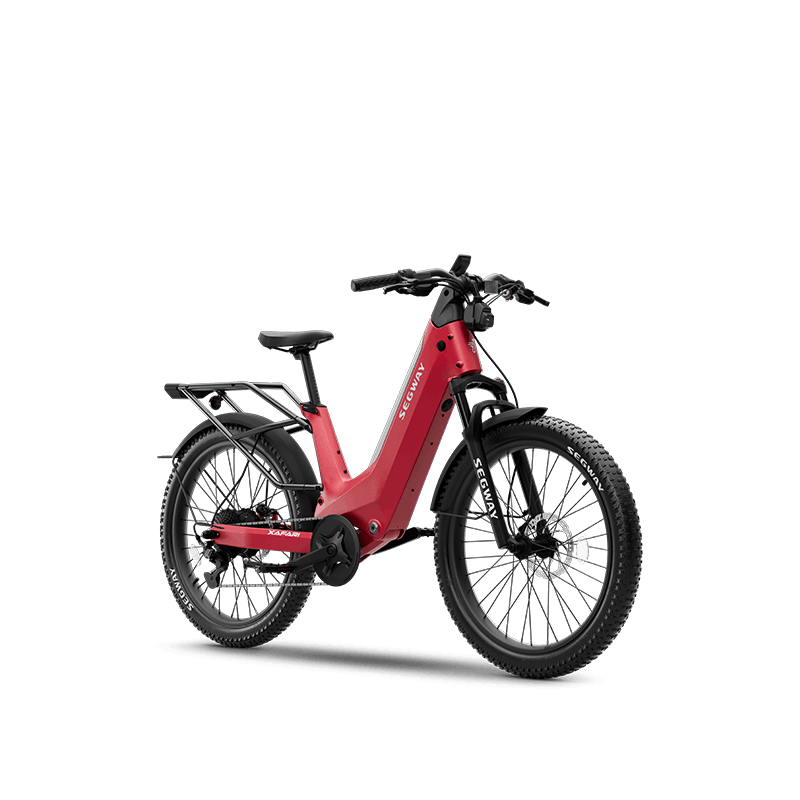 A Segway - Xafari Electric Bike in red, featuring a 750W motor, low step-through frame, front suspension, wide tires, and rear cargo rack from Segway is displayed against a black background.