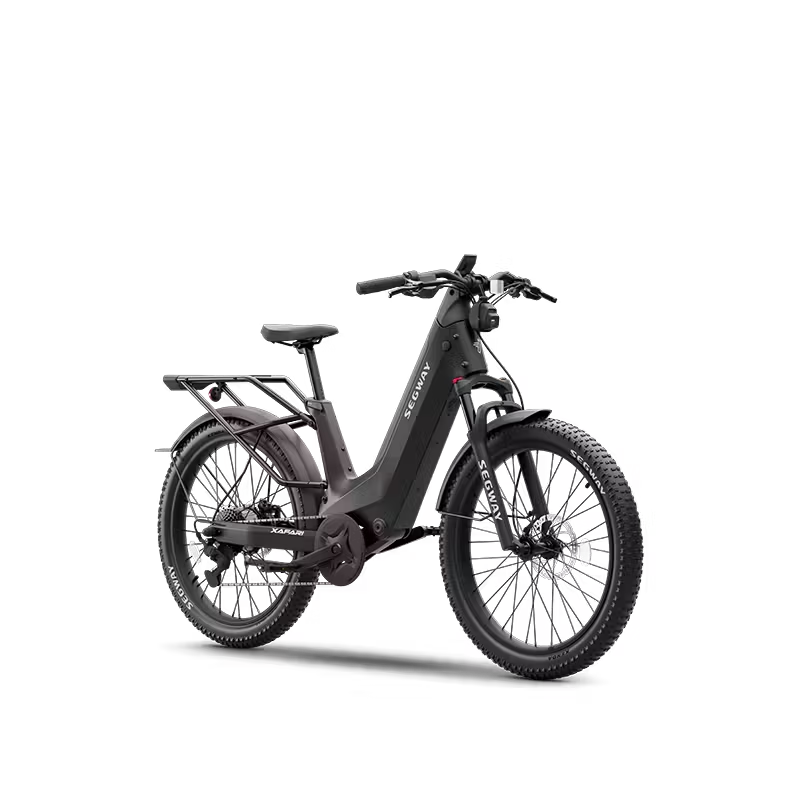 The Segway Xafari Electric Bike by Segway features a matte black frame, thick tires, front suspension, rear rack, and disc brakes—a powerful 750W eBike ideal for exploring Tampa Bay trails.