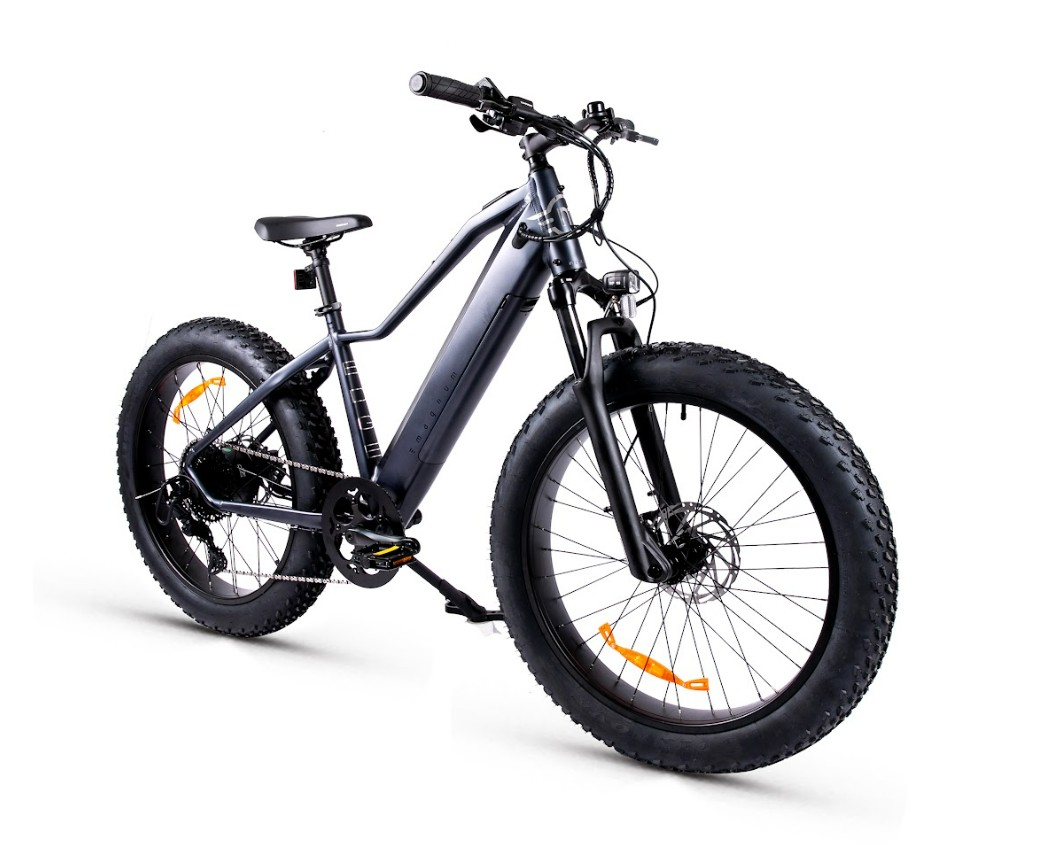 A black Tampa Bay eBikes Magnum - Edge fat-tire eBike with thick tires, front suspension, and a central battery is displayed on a white background.