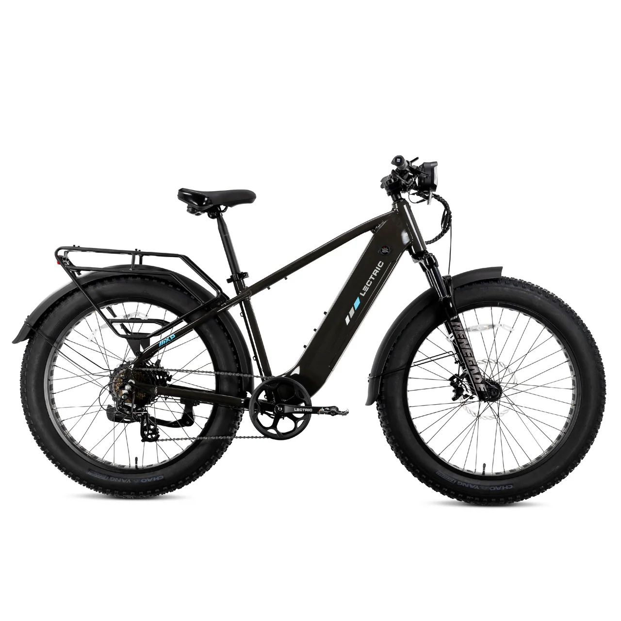 The Lectric Xpeak 2.0 electric fat tire bike by Lectric features a central battery, rear cargo rack, wide tires, front suspension, and disc brakes; shown in side profile.