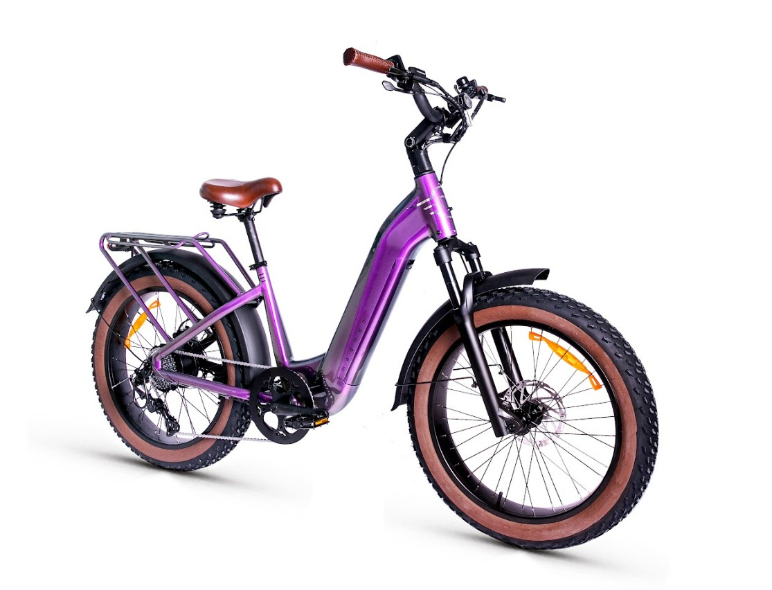The Magnum - Bliss by Tampa Bay eBikes is a purple electric bike with brown tires, step-through frame, rear cargo rack, and brown saddle. It features a powerful motor and is displayed on a white background.