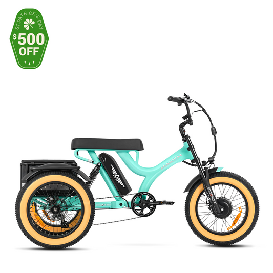 Addmotor - Herotri M-365X mint green adult electric trike with a promotional $500 off St. Patrick's Day sale tag featuring a dual shock design.