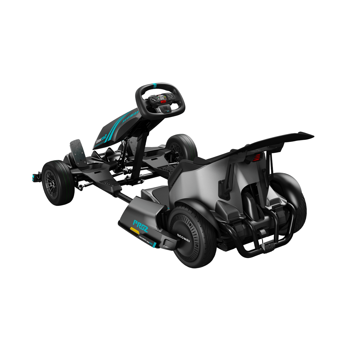 The Segway - GoKart Pro 2 by Segway, in black and silver, nicknamed the Electric Beast, features an exposed frame, steering wheel, and rear wheel assembly visible from the back.