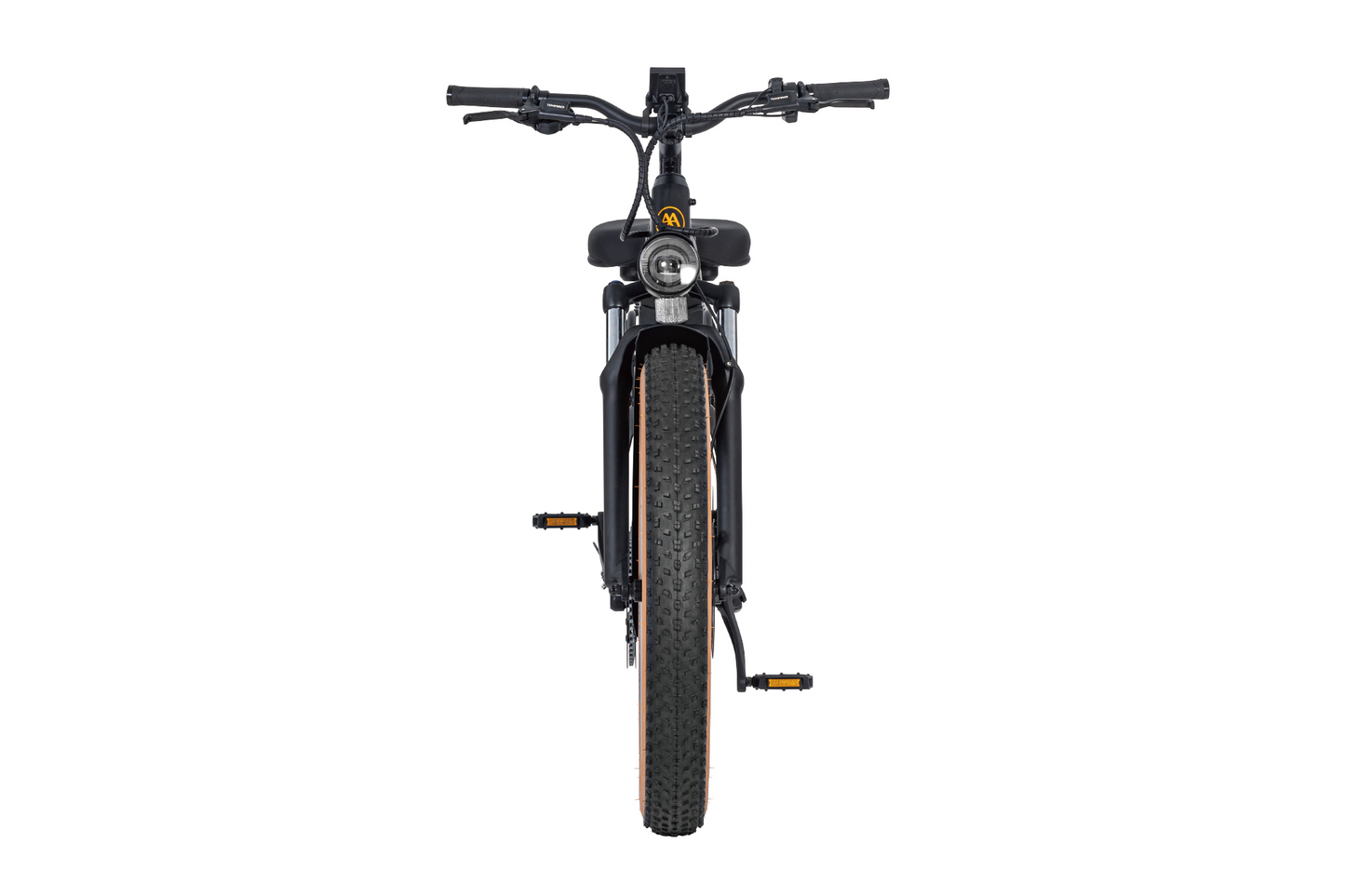 Front view of a black AIMA - Big Sur all-terrain eBike with thick tires and handlebars visible.