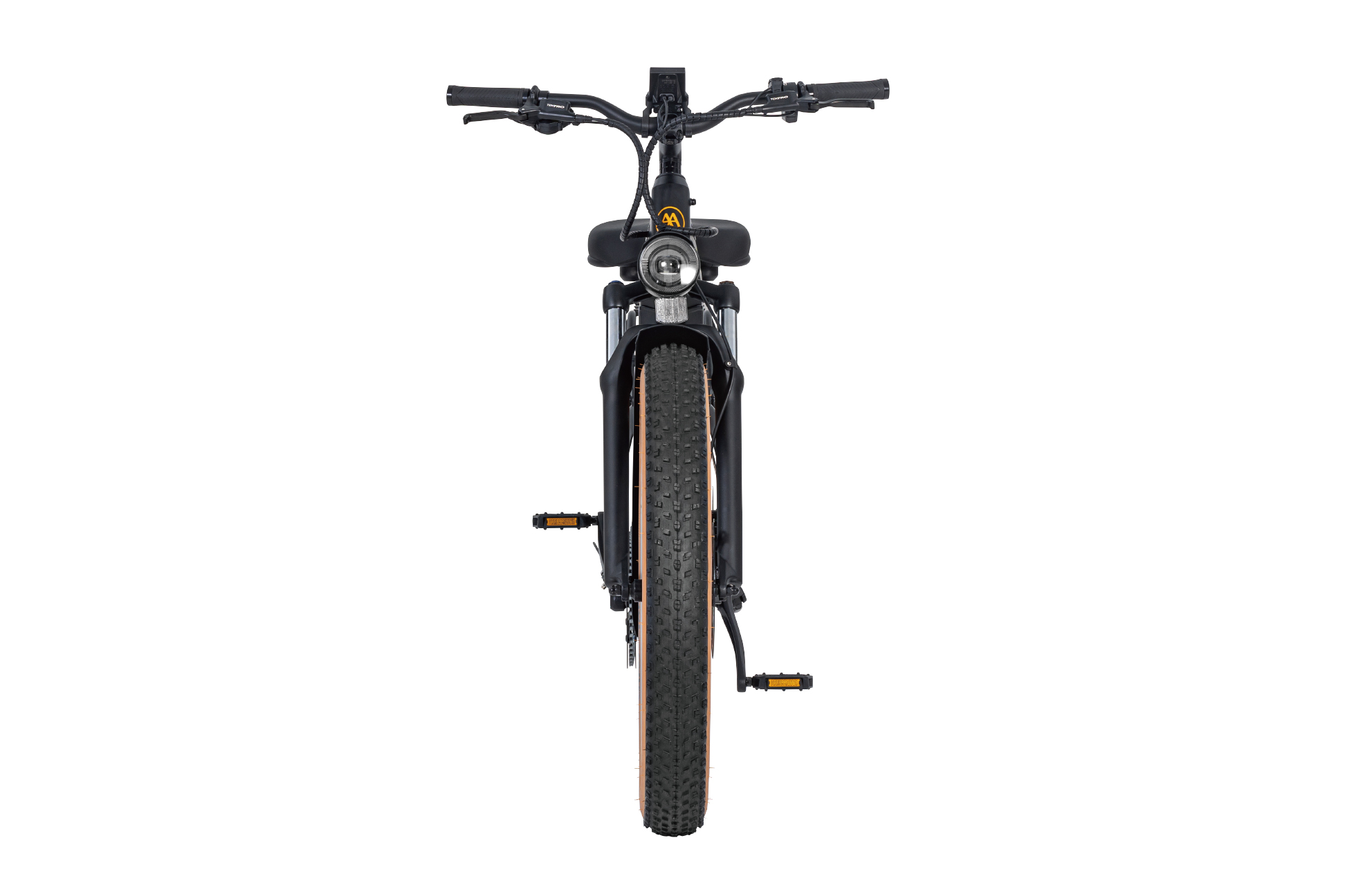Front view of a black AIMA - Big Sur all-terrain eBike with thick tires and handlebars visible.