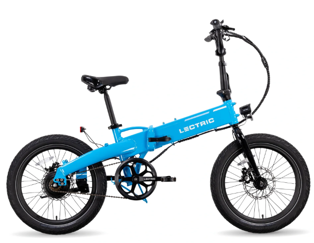 The Lectric XP Lite 2.0 folding electric bike features a compact design and sturdy frame with black handlebars and wheels, offering a smooth and safe ride thanks to its hydraulic brakes.