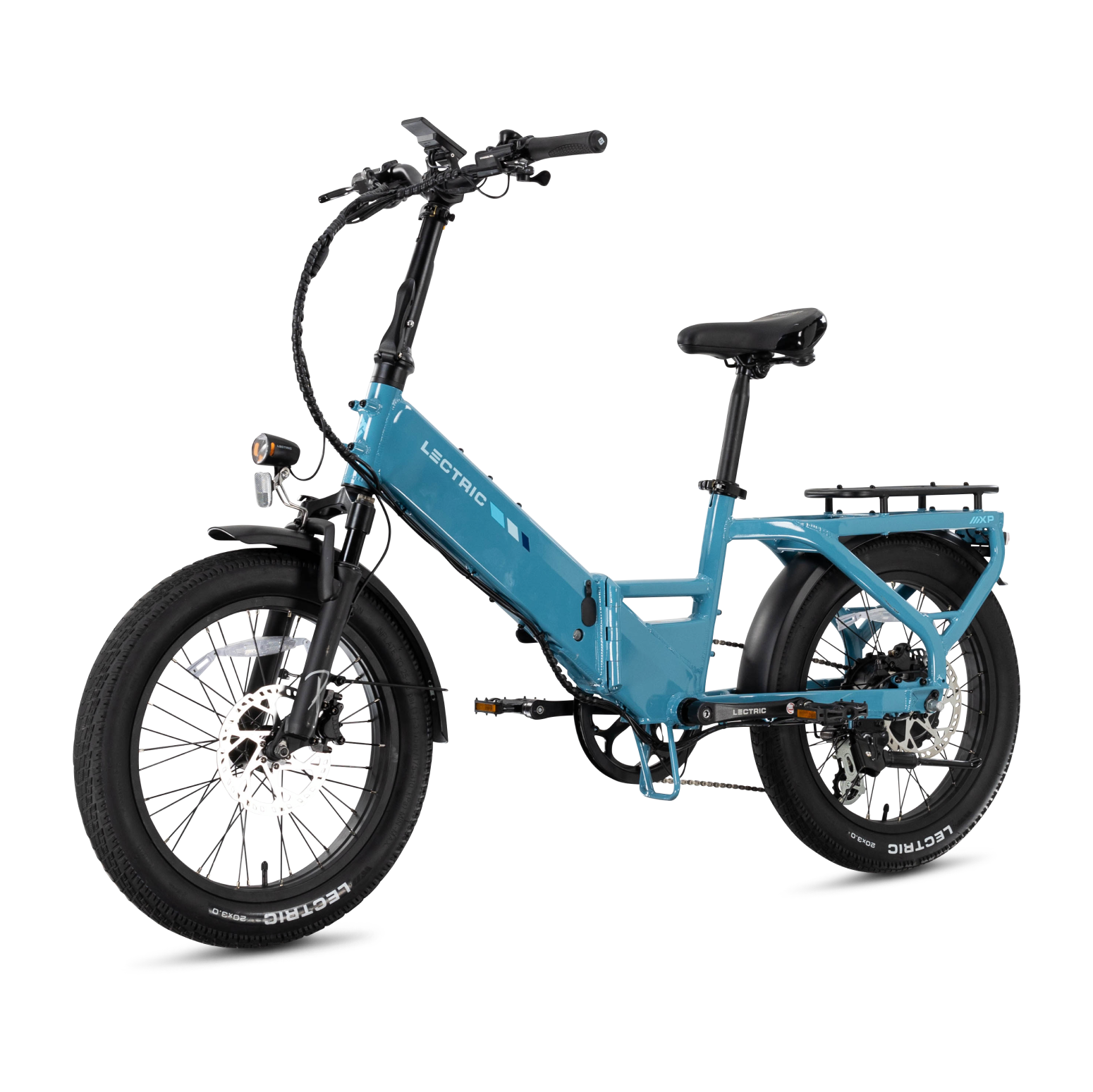 A Lectric XP4 folding eBike with fat tires, front suspension, rear rack, and upright handlebars is shown on a white background. Available at Tampa Bay eBikes.
