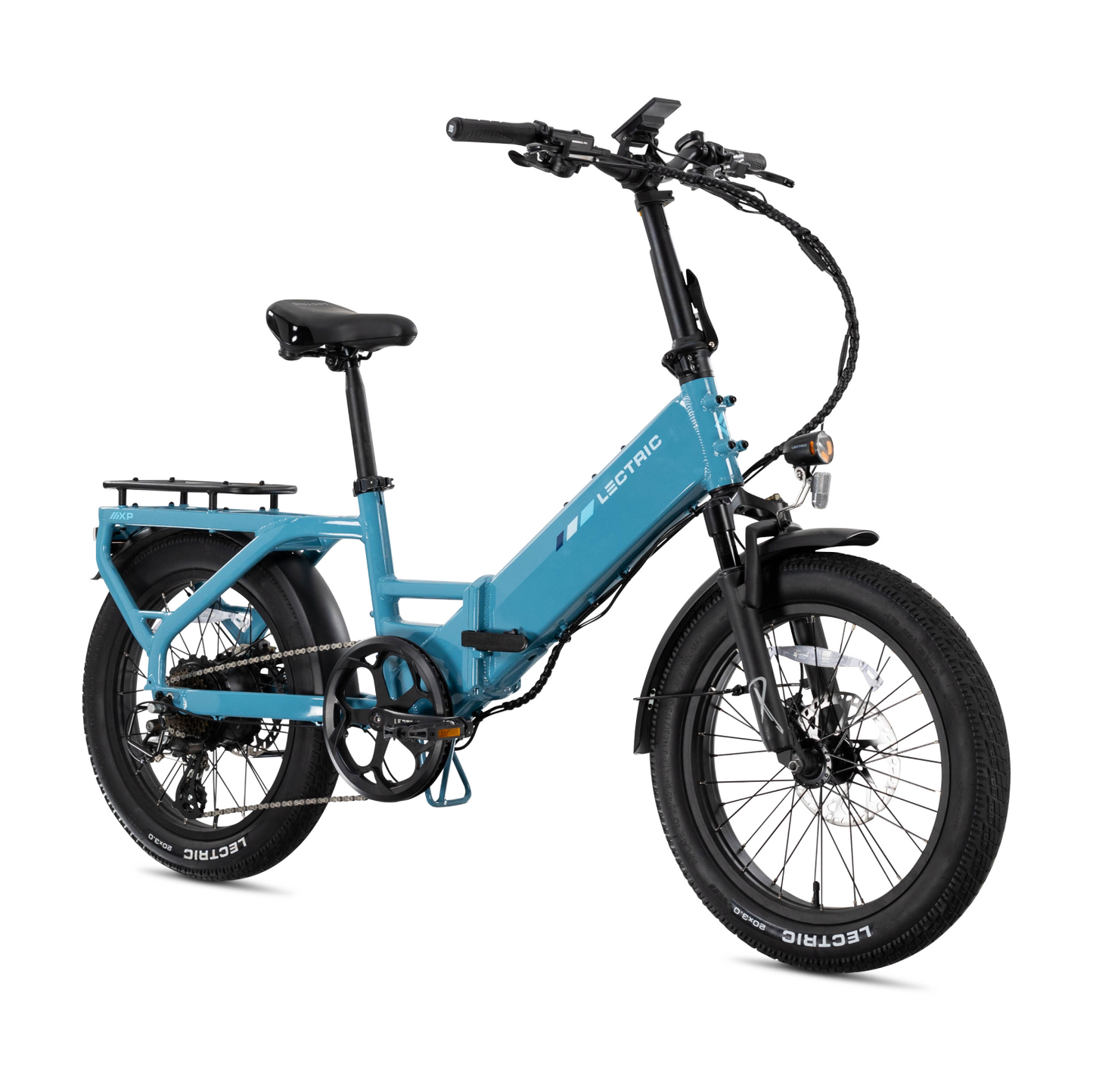 A blue Lectric - XP4 e-bike with fat tires, rear cargo rack, front suspension fork, and upright handlebars is shown on a white background—available at Tampa Bay eBikes.