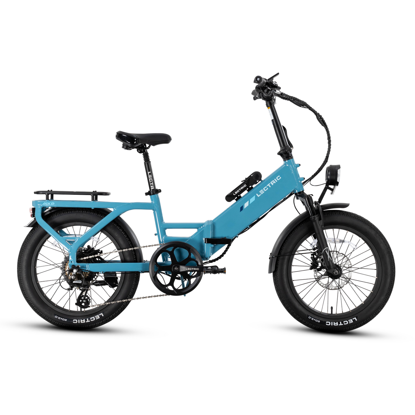 The Lectric XP4, a blue folding eBike with a step-through frame, rear rack, fenders, and wide tires, is shown in profile on a white background. Available at Tampa Bay eBikes.