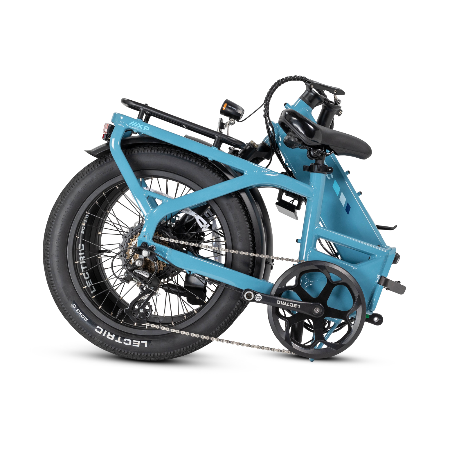 A blue Lectric - XP4 by Lectric is neatly folded with wheels aligned, pedals, chain, and handlebars shown—ideal for Tampa Bay eBikes riders who value convenient style.