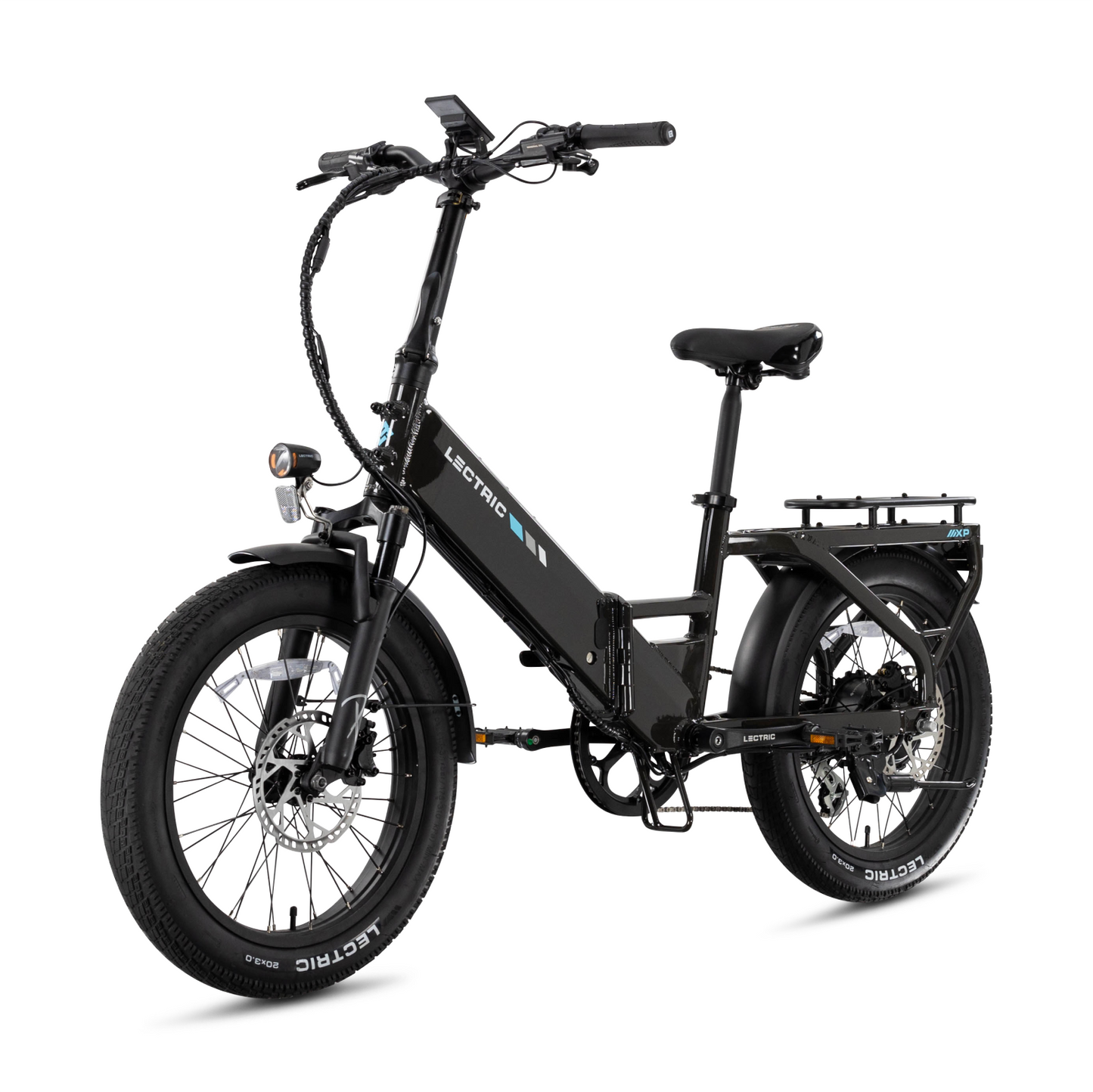 The Lectric XP4 by Lectric is a black folding eBike with wide tires, front suspension, rear cargo rack, upright handlebar, and a powerful 750W rear hub motor, shown on a white background.
