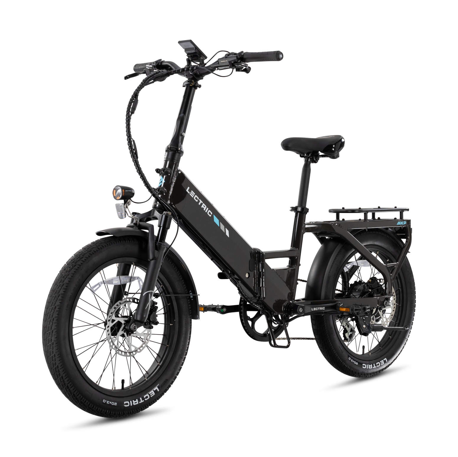 The Lectric XP4 by Lectric is a black folding eBike with wide tires, front suspension, rear cargo rack, upright handlebar, and a powerful 750W rear hub motor, shown on a white background.