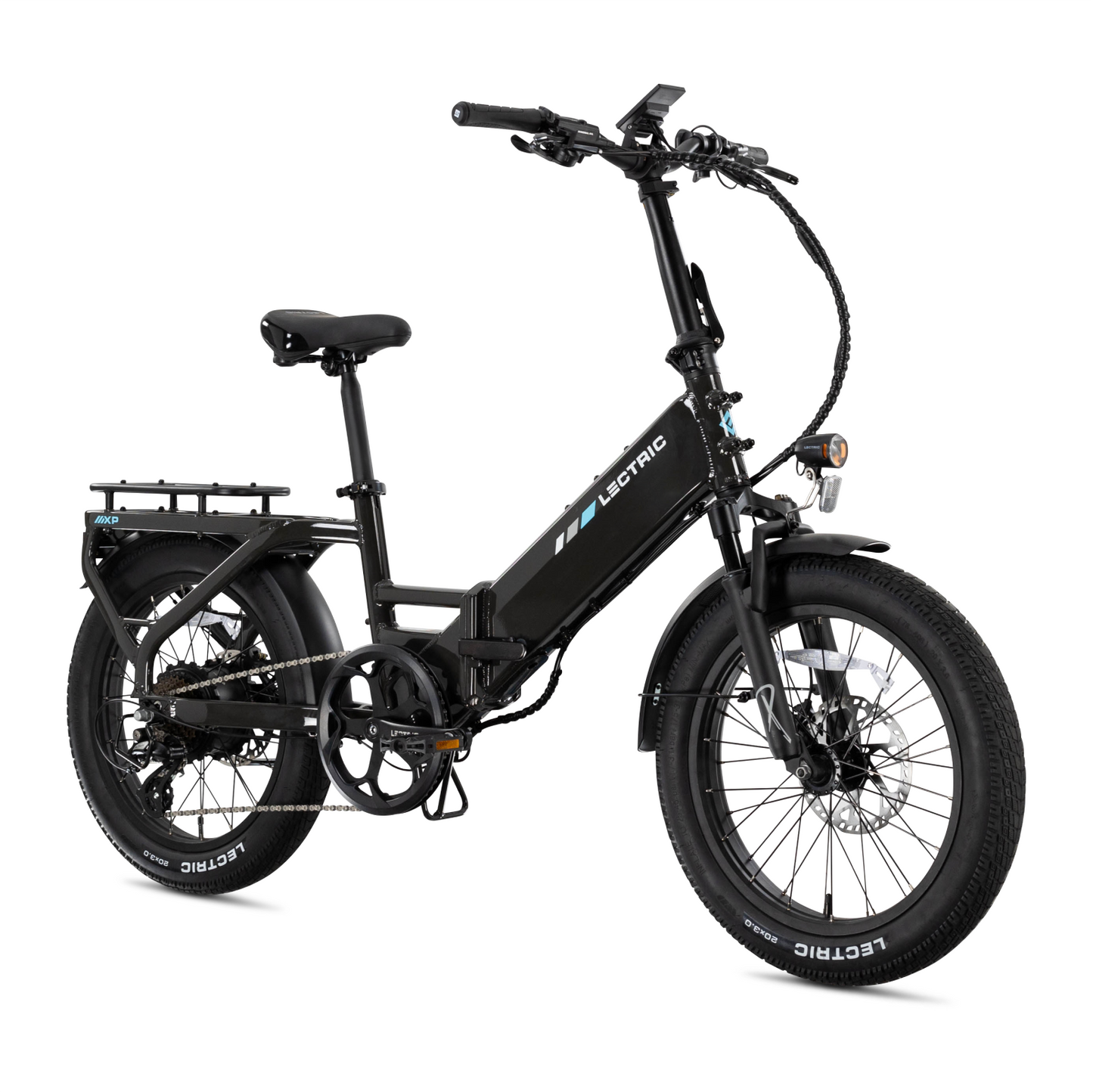 A black Lectric - XP4 folding eBike from Lectric, featuring fat tires, rear cargo rack, disc brakes, and an integrated downtube battery, is displayed on a white background by Tampa Bay eBikes.