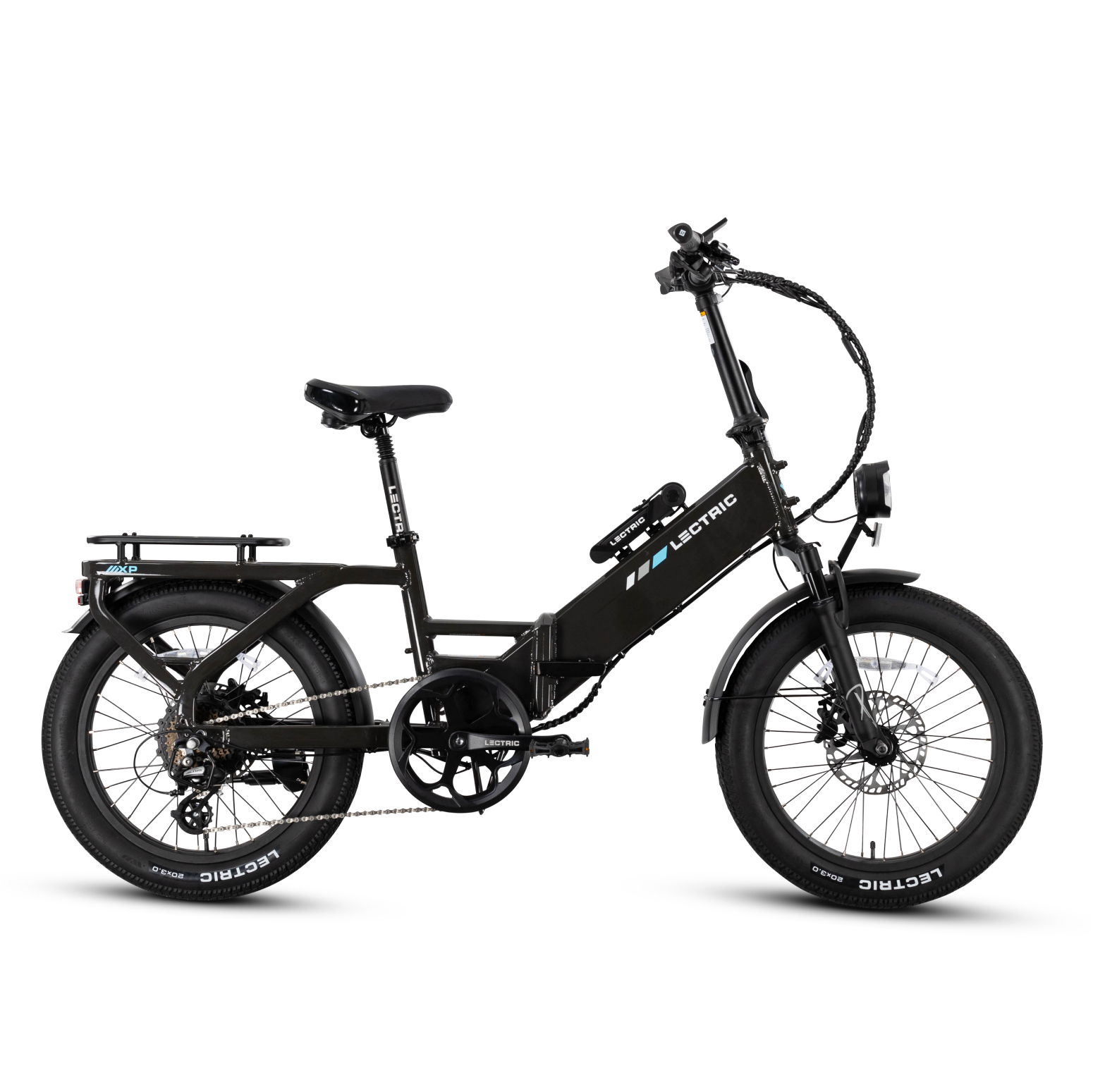 Side view of the Lectric XP4 folding eBike from Lectric, featuring fat tires, disc brakes, and a rear cargo rack on a white background.