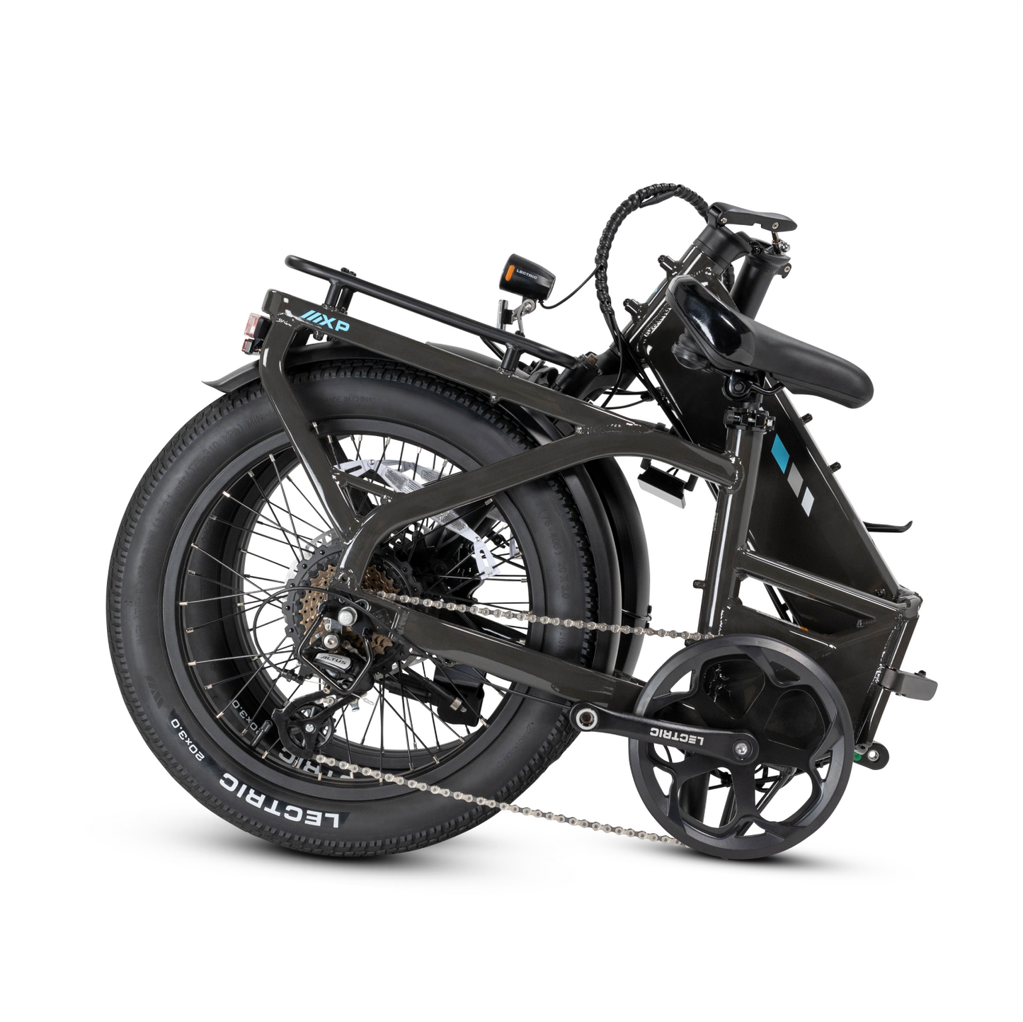 A Lectric - XP4 folding eBike by Lectric is pictured collapsed, its frame, handlebars, and wheels neatly compacted for easy storage or transport—ideal for Tampa Bay eBikes fans on the move.