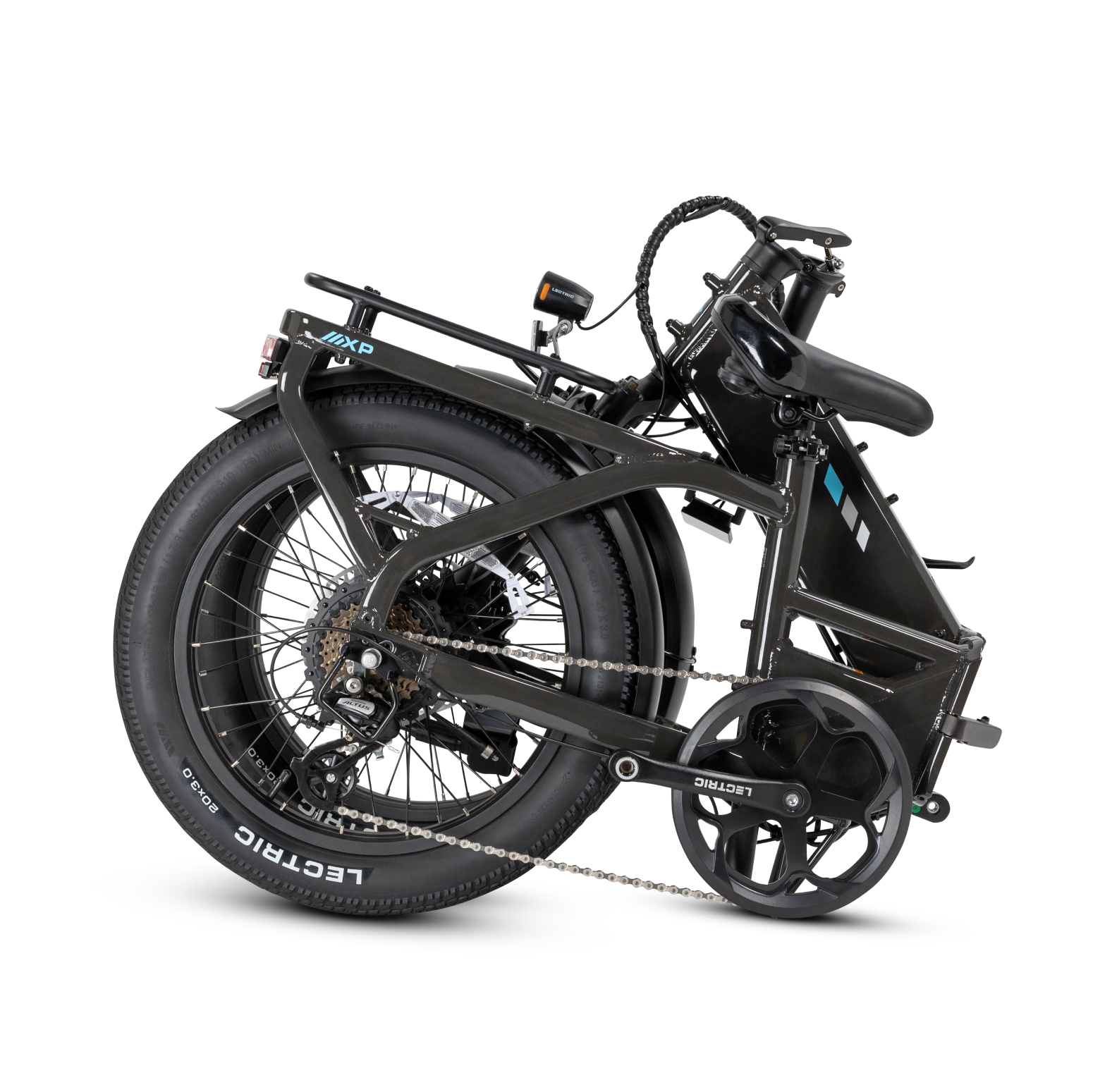 A Lectric - XP4 folding eBike by Lectric is pictured collapsed, its frame, handlebars, and wheels neatly compacted for easy storage or transport—ideal for Tampa Bay eBikes fans on the move.