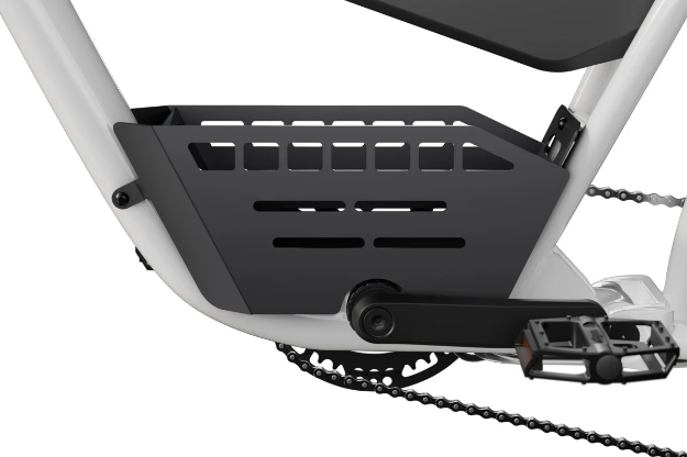 A close-up of the Himiway C5 Frame Basket, mounted above the pedal and chain area, showcases its compatibility with a cargo carrier or aluminum bike basket for enhanced utility.