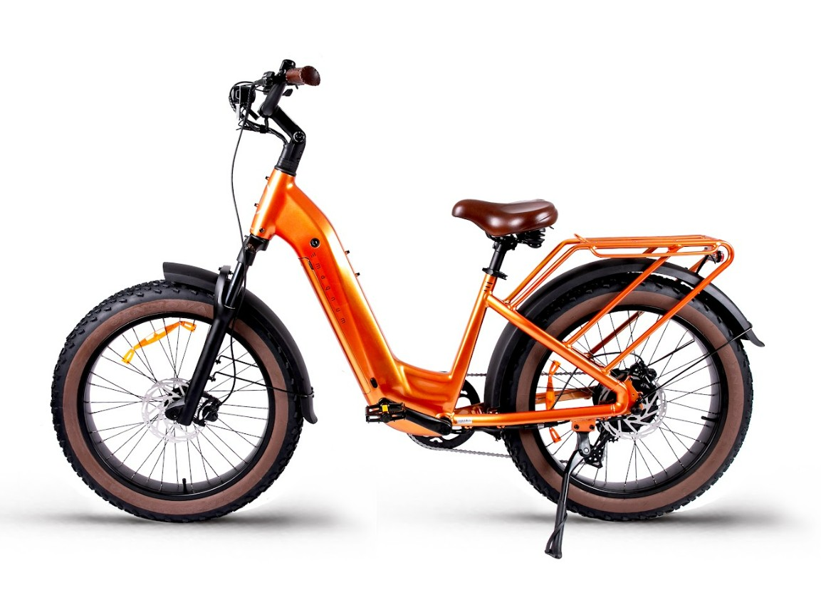 The Magnum - Bliss by Tampa Bay eBikes features fat tires, a step-through frame, rear cargo rack, fenders, and a brown saddle for extended range. Shown in profile on a white background.