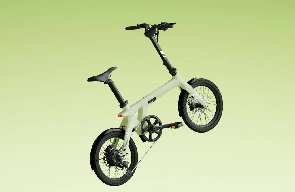 The Urtopia Carbon Fold 1 by Urtopia is a compact, light green foldable eBike with a carbon fiber frame, black tires, pedals, and seat, shown against a gradient light green background.