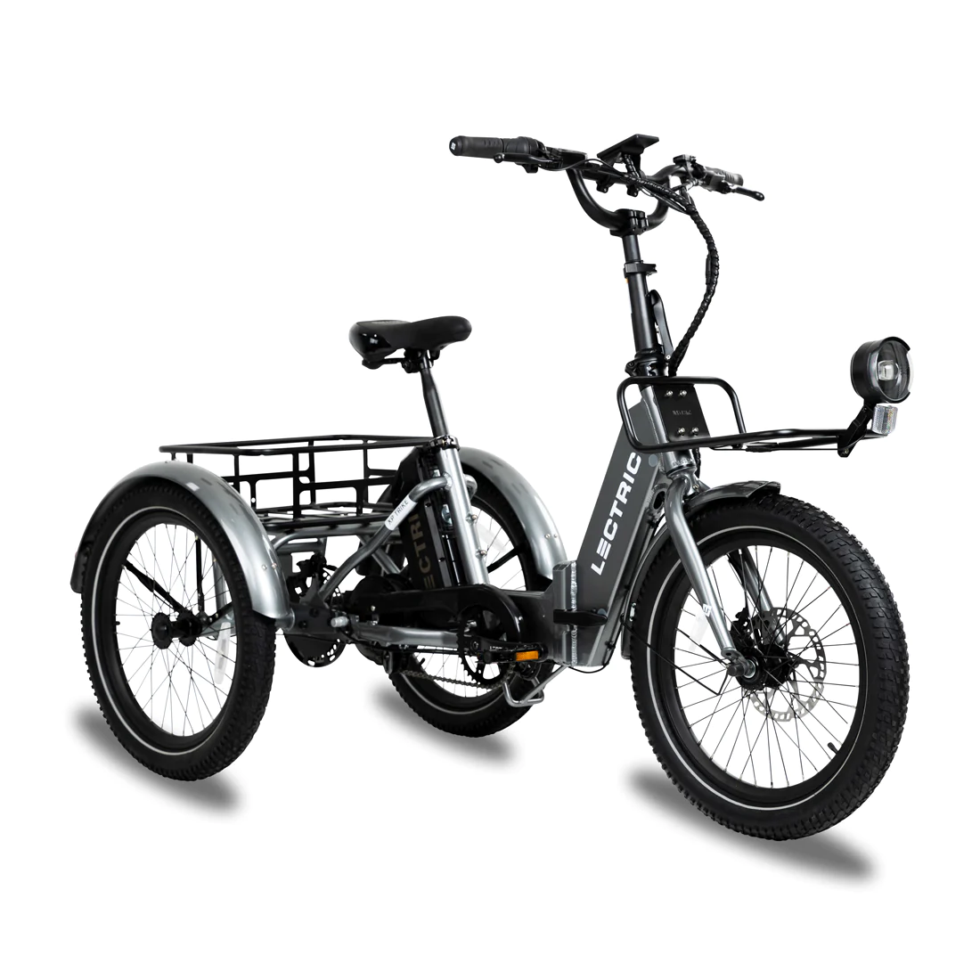 The Lectric XP Trike is a foldable electric tricycle by Lectric, featuring a front headlight, wide tires, rear hub motor, hydraulic brakes for safety, and a sturdy frame with a rear cargo rack for utility and stability in various tasks.
