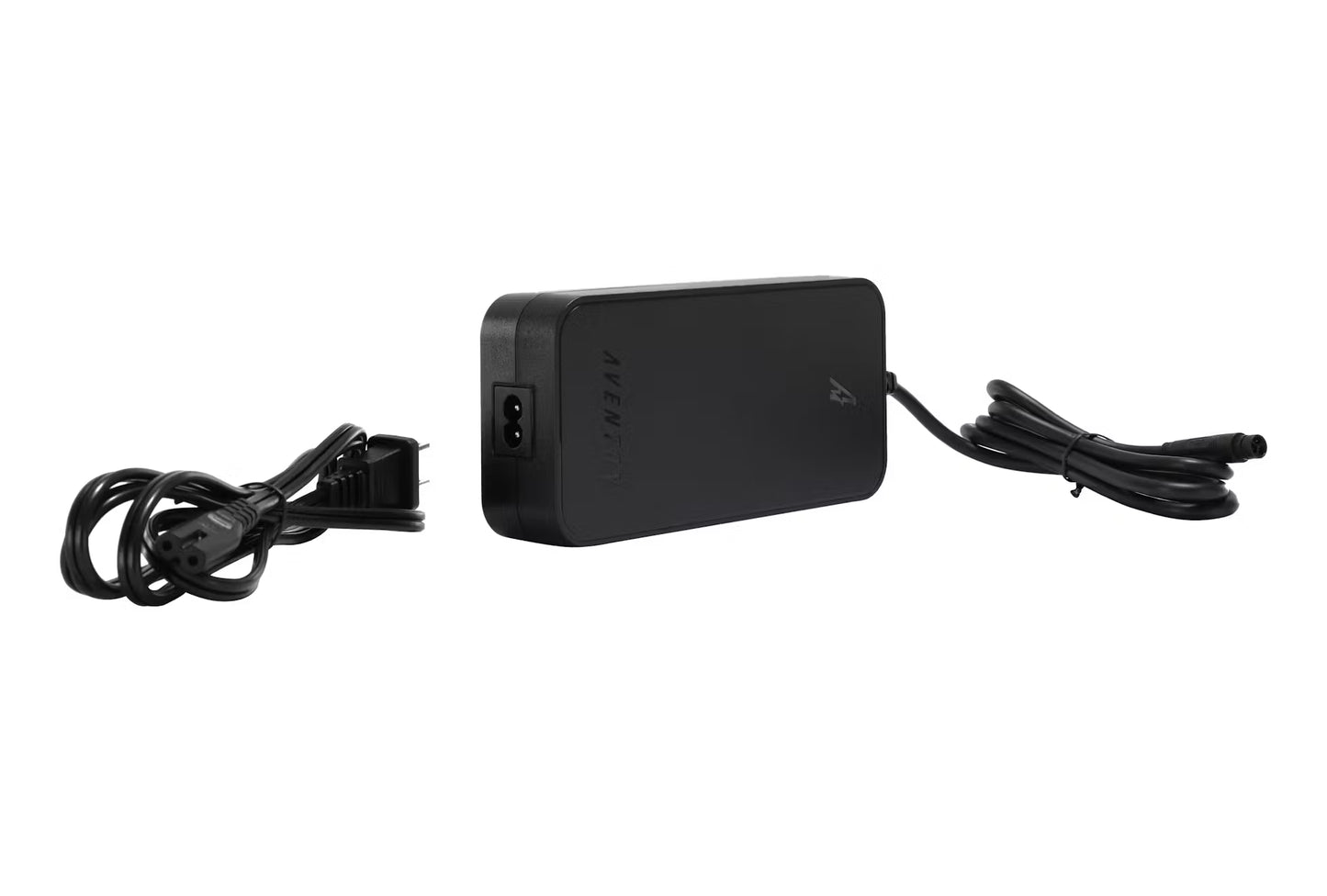 An Aventon Charger for Aventure, Aventure 2, Abound, and Abound AG ebikes is displayed with a detachable power cord, separate output cable, and USA plug against a white background.