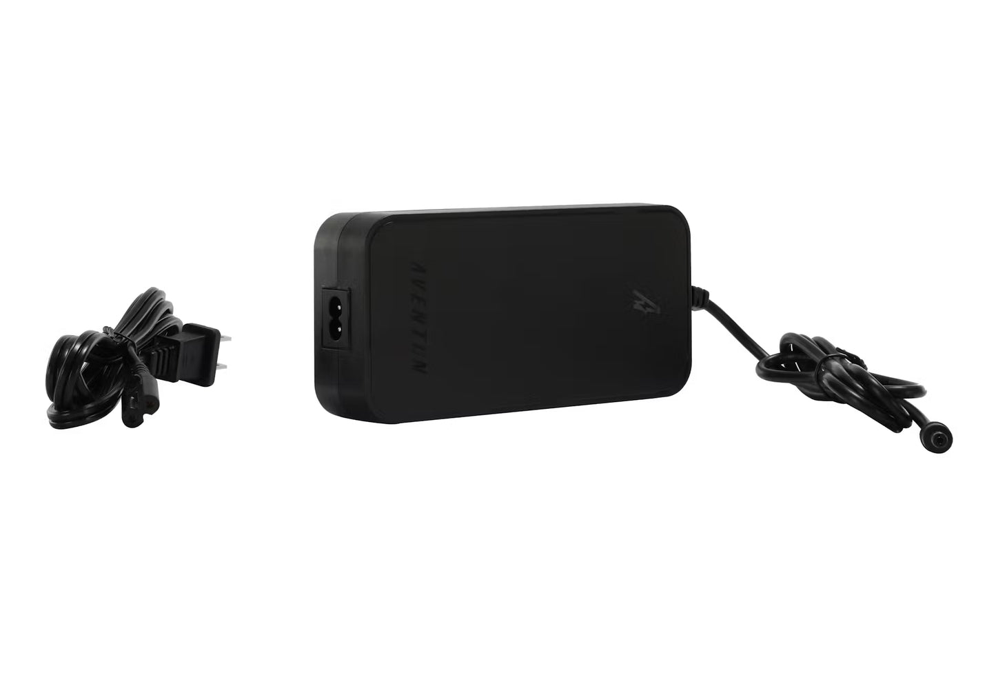 The Aventon charger, compatible with Pace 500, Pace 500.2, Pace 500.3, Level series, and Sinch models, features a black rectangular design with a USA plug and round connector—ideal as a replacement for your Aventon e-bike.