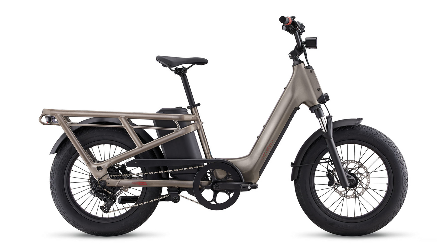 Momentum Cito E+ electric cargo bicycle with a sturdy frame and large rear rack, ideal for urban mobility, isolated on a white background.