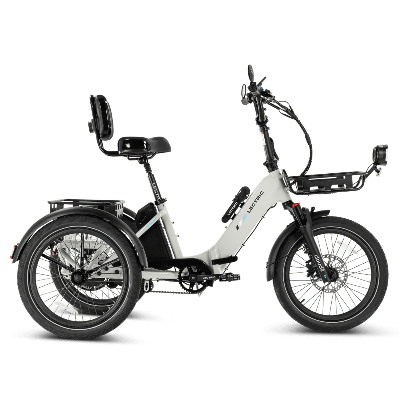 The Lectric XP Trike2 by Lectric, a white three-wheeled electric trike with a rear seat backrest and front basket, is shown from the side on a white background.
