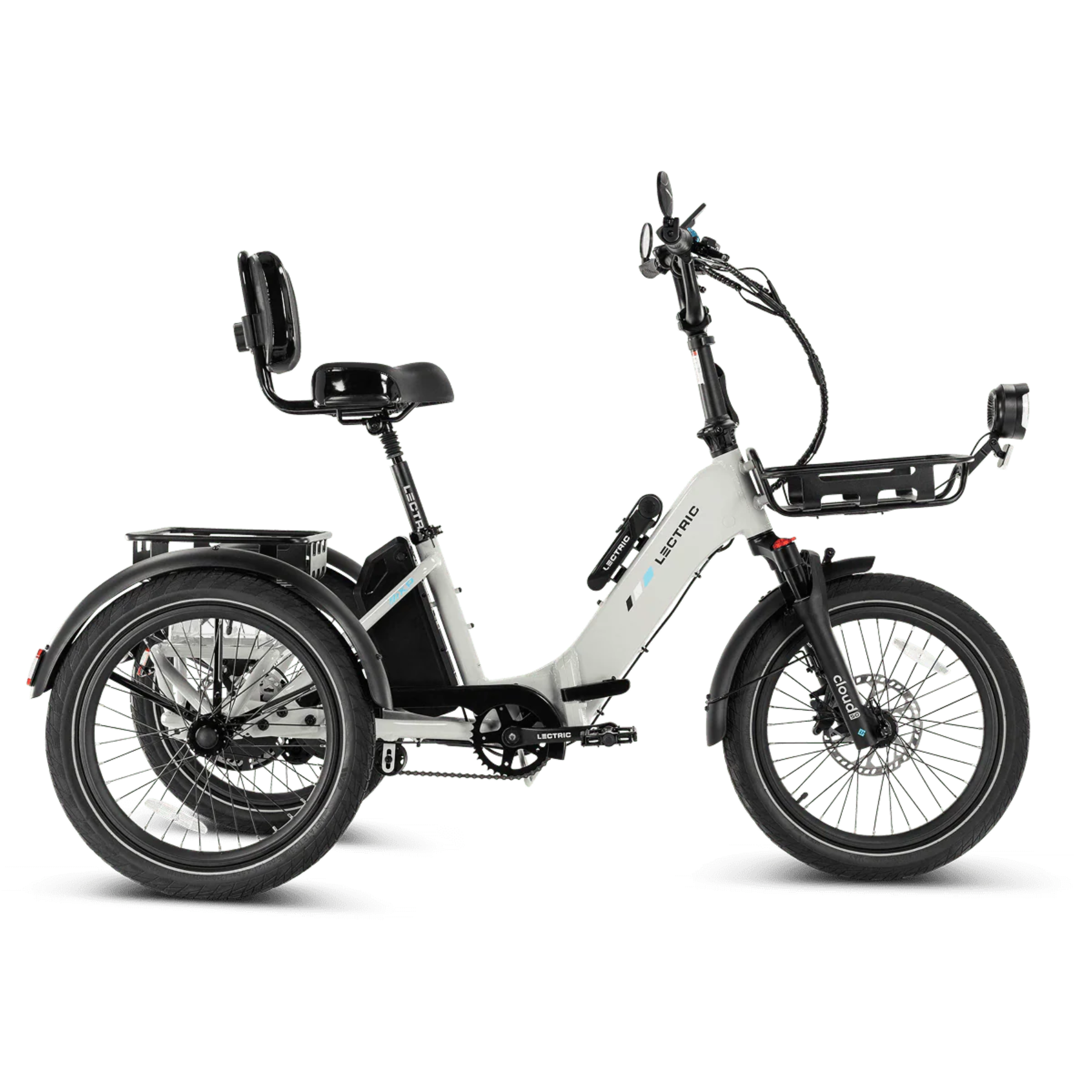 The Lectric XP Trike2 by Lectric, a white three-wheeled electric trike with a rear seat backrest and front basket, is shown from the side on a white background.