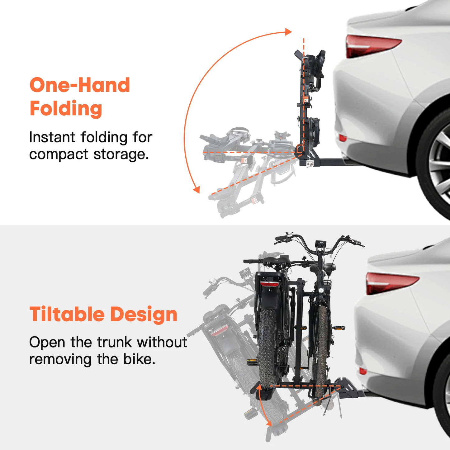 The Cravot CyberRack E2 Plus Hitch Bike Rack fits 2-inch receivers, supports up to 200 lbs, and features one-hand folding for storage plus a tilt design for easy trunk access without bike removal.