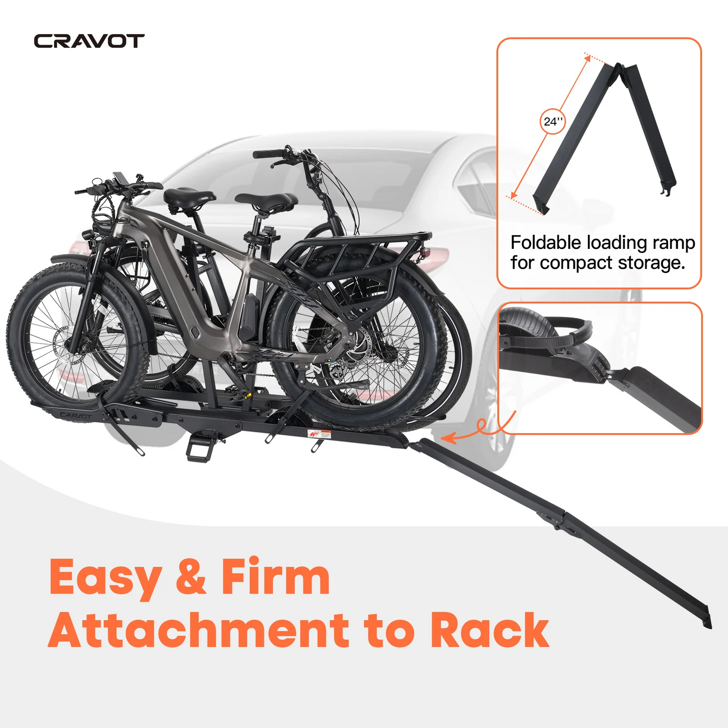 The Cravot CyberRack E2 Plus hitch bike rack holds two bikes, features a 24-inch foldable ramp for easy loading, fits 2-inch receiver hitches, and supports up to 200 lbs. Ramp folds compactly for storage. Brand: Cravot.