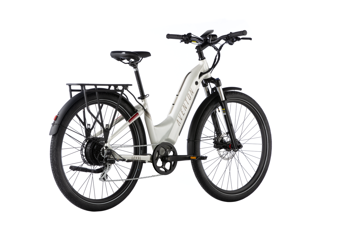 An Aventon - LEVEL.2 Step Through - Polar White - R eBike with a black and white design.