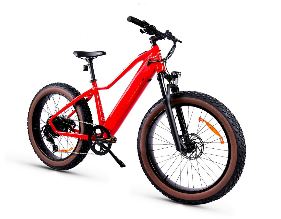 The Magnum - Edge by Tampa Bay eBikes is a red fat-tire eBike with a 750W motor, thick brown tires, front suspension fork, and upright handlebars, shown against a white background.