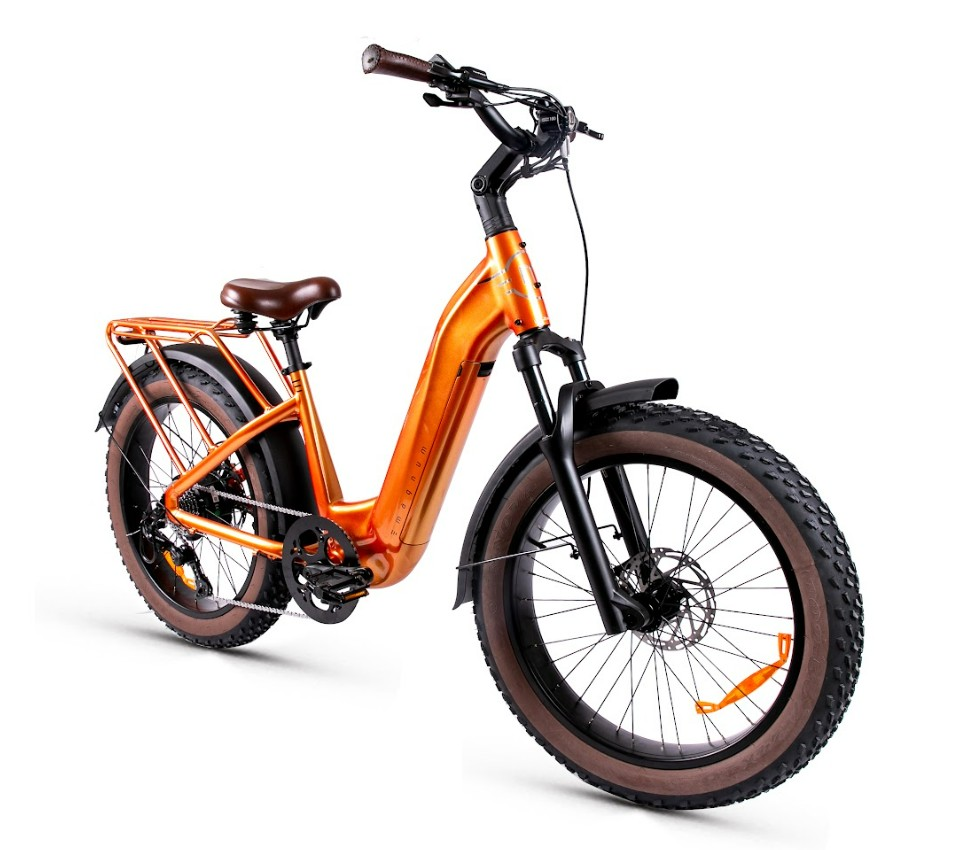 The Magnum - Bliss by Tampa Bay eBikes features a metallic orange frame, fat tires, fenders, rear cargo rack, front suspension fork, brown saddle, and a powerful 500W motor for extended range. Shown on a white background.