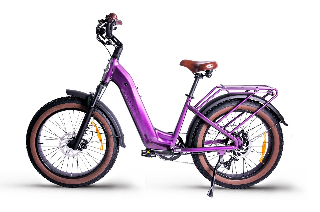 The Magnum - Bliss by Tampa Bay eBikes is a purple electric bike with a 500W motor, brown seat and tires, front suspension, rear cargo rack, and thick tires, displayed on a white background.