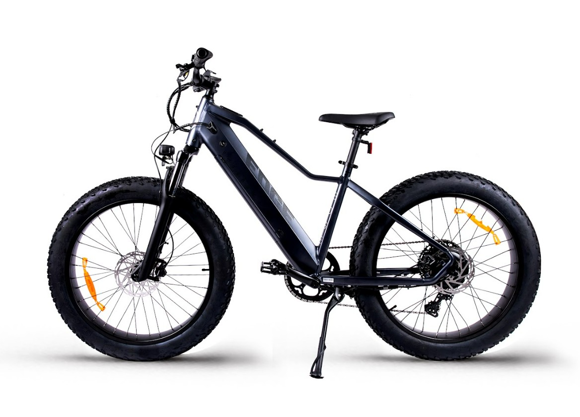 The Magnum - Edge by Tampa Bay eBikes is a black fat-tire eBike with a sturdy frame, 750W motor, thick tires, disc brakes, and a downtube-mounted battery, shown on a white background.